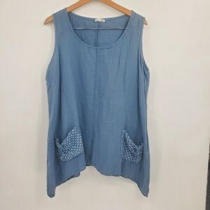 ♧ Luigi Moda Blue Sleeveless Linen Tunic Top with Polka Dot Pockets Size Large